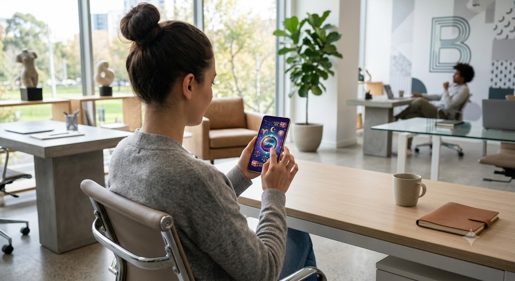 Brango Casino NZ: A Comprehensive Review A person using a smartphone to play an online casino game comfortably while sitting in a modern office space.