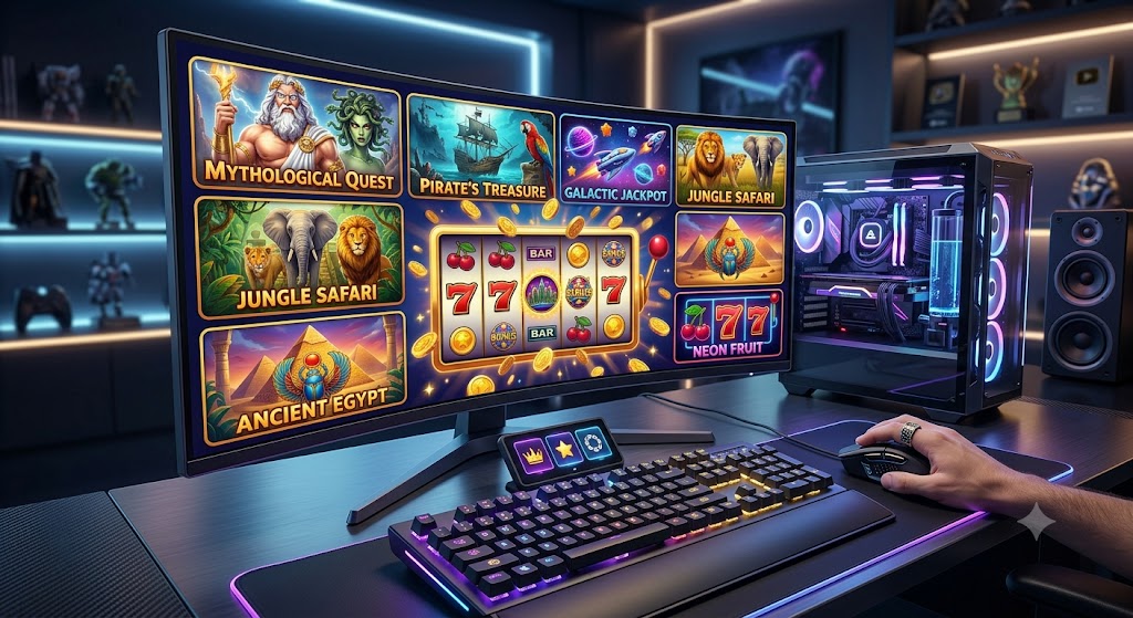 Captain Spins Casino NZ Review: A Comprehensive Guide A vibrant, high-definition display of various popular online slot machine games on a high-tech desktop gaming setup.