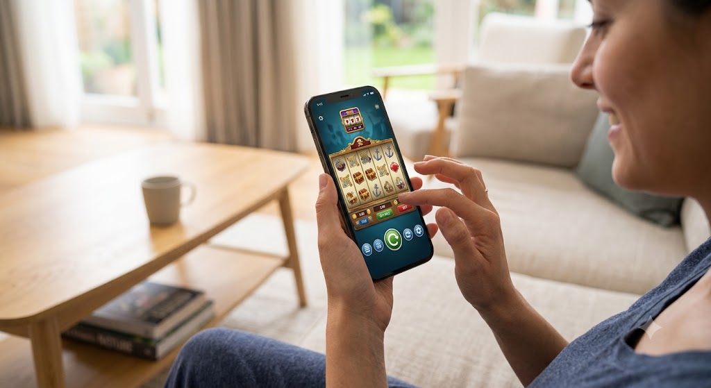Captain Spins Casino NZ Review: A Comprehensive Guide A person enjoying a seamless casino experience on their smartphone in a modern, well-lit living room.