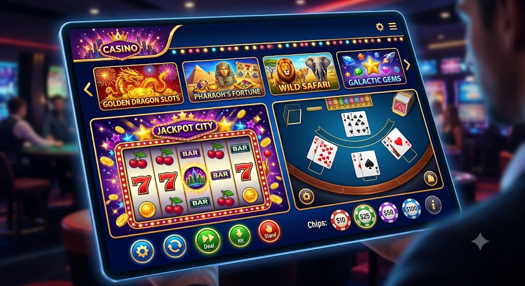 Jackpot City NZ: Complete Guide to Games, Bonuses, and Login A high-quality digital illustration of an online casino interface featuring various slot machine graphics and digital cards.