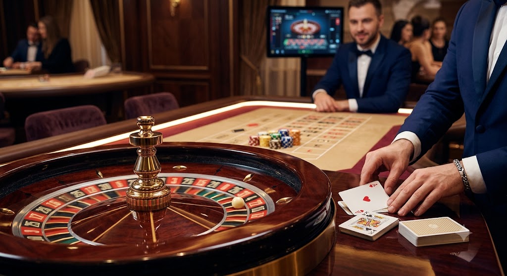 Wildz Casino NZ: A Comprehensive Review A high-definition close-up of a live dealer table showing a roulette wheel and cards, reflecting a premium gaming experience.