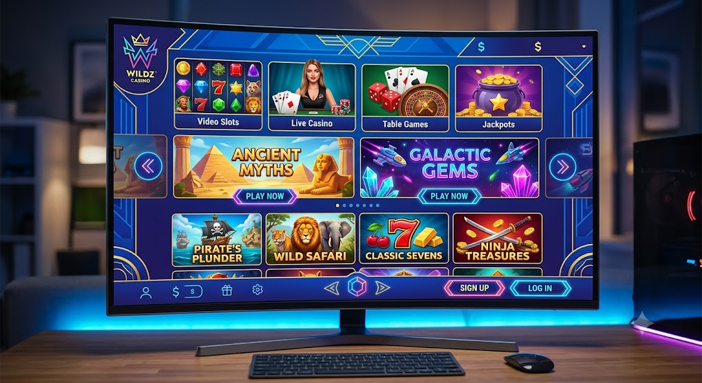 Wildz Casino NZ: A Comprehensive Review A vibrant and colourful online casino interface displayed on a modern desktop computer monitor.
